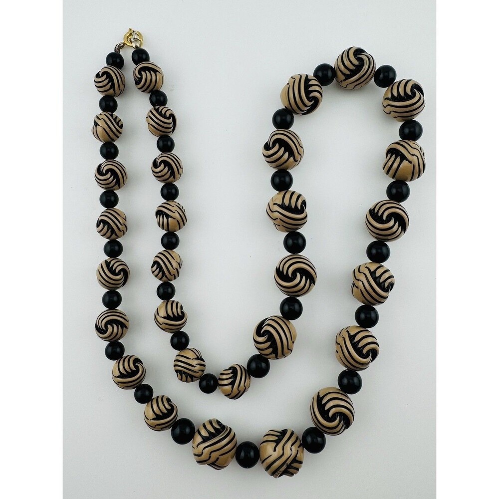 Vintage 30” Black Tan Swirl Bead Necklace Mod Retro 1960’s Lucite Style Jewelry